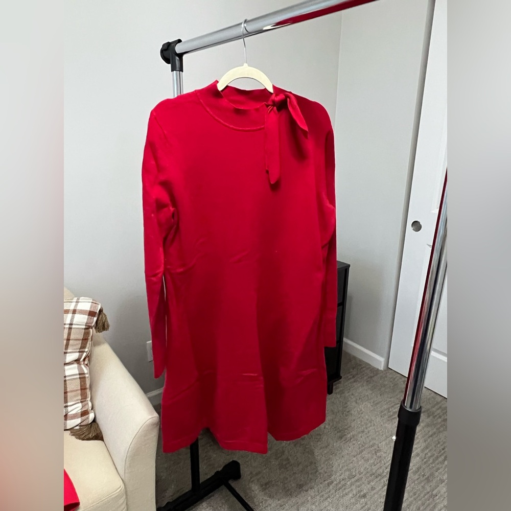 CeCe knee length, long sleeve, sweater dress with bow